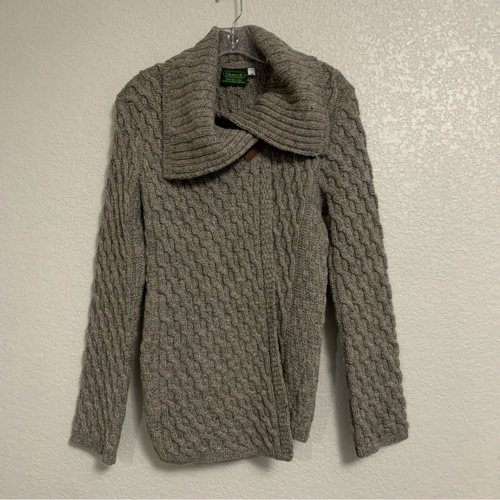 Glencroft Wool Cardigan Sweater Womens M Cable Fisherman Chunky Shawl Collar